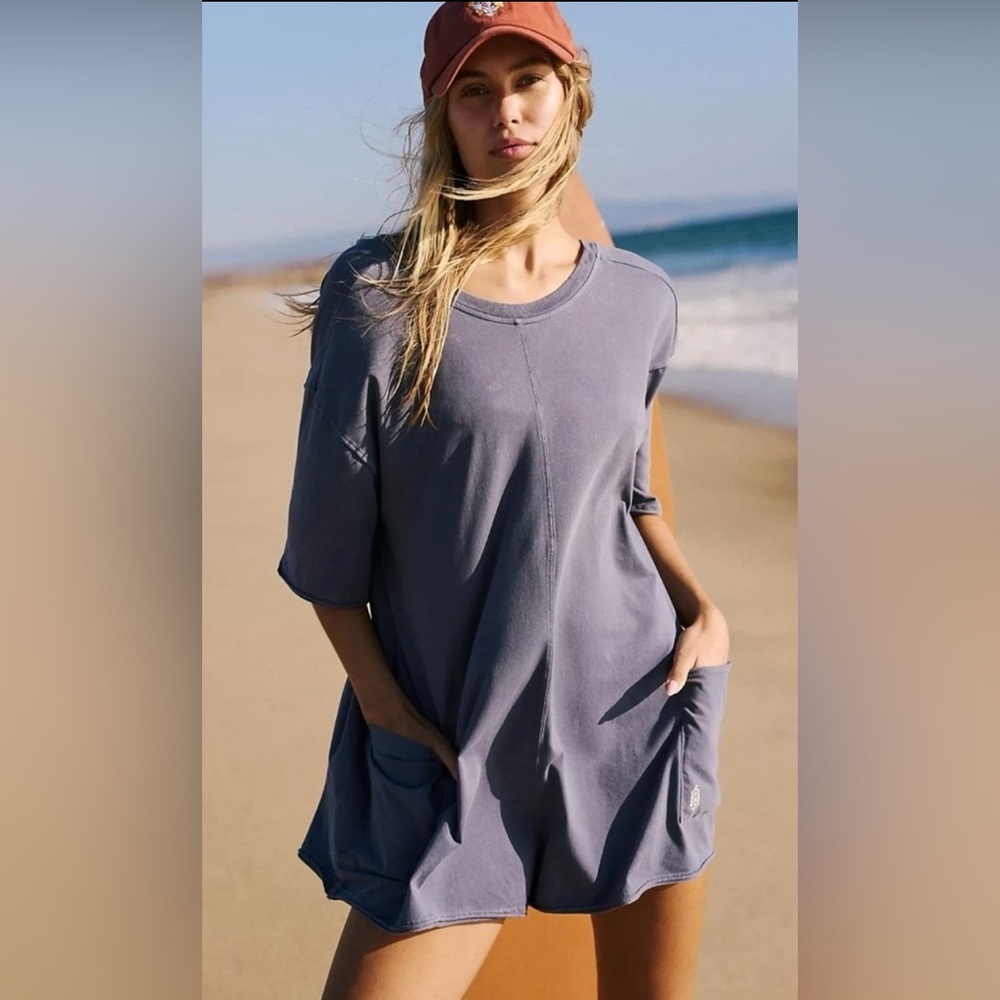 Free People X FP Movement Hot Shot Tee Romper in Blue Indigo NWOT - Picture 2 of 4